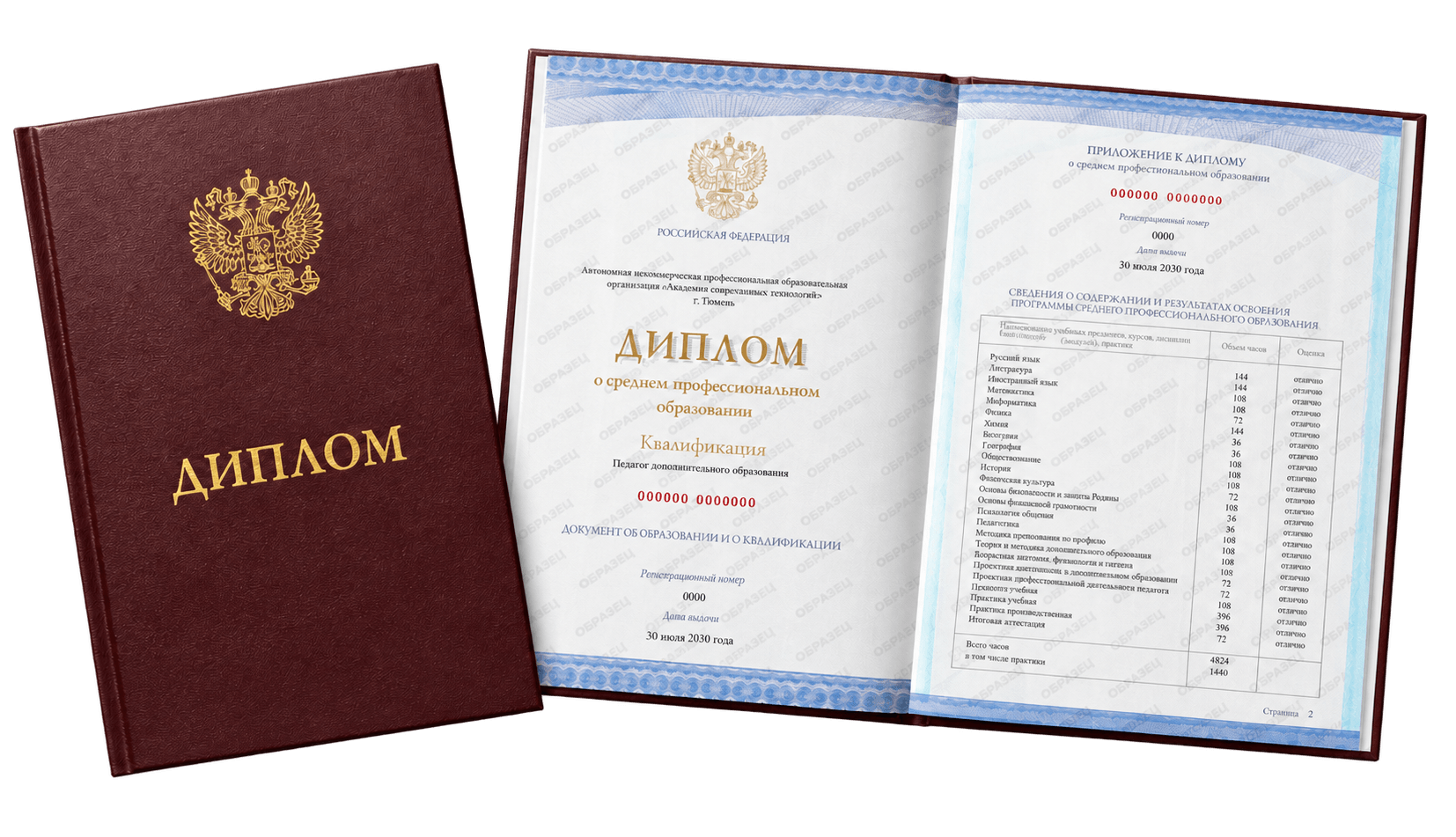 Официальная корка диплома СПО и раскрытый диплом с приложением